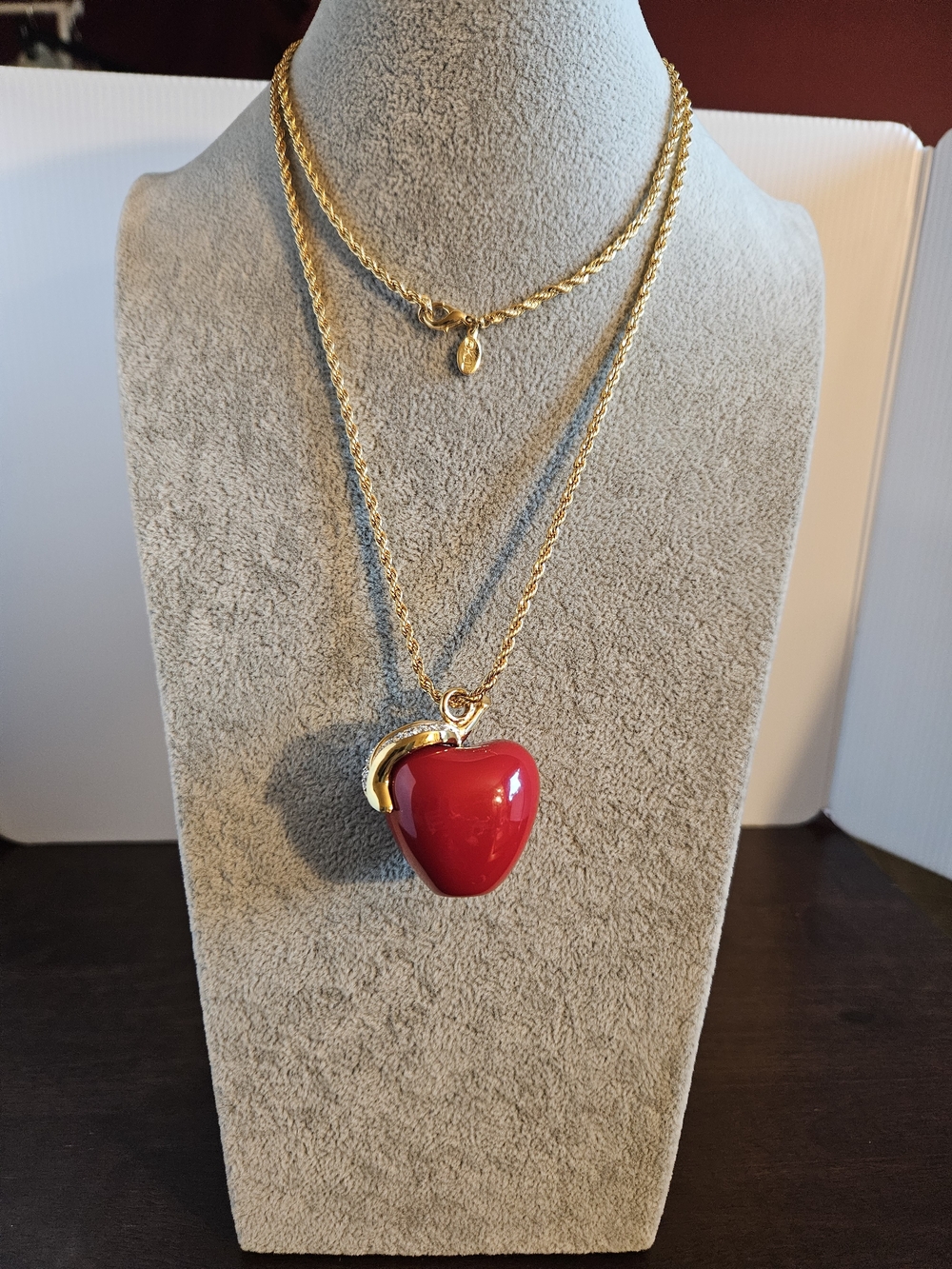 Vintage Signed KJL Gold Chain Necklace with Red Heart Apple Pendant